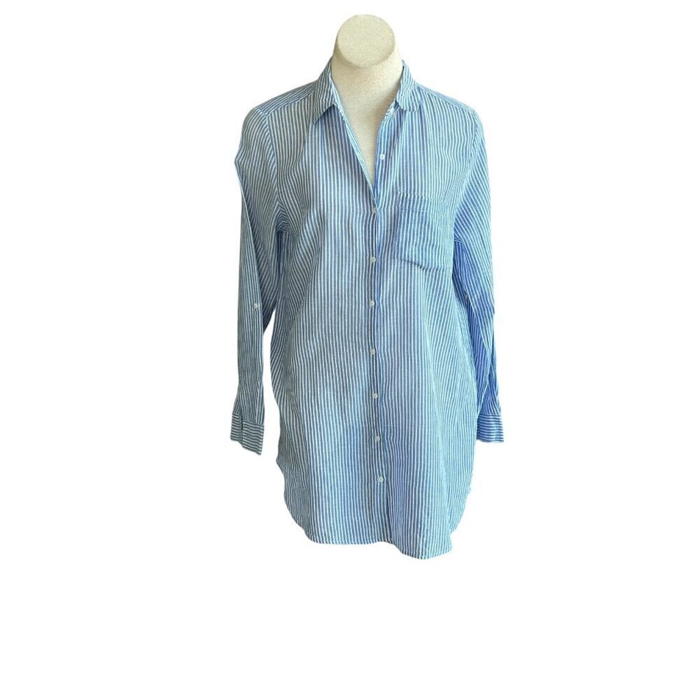 Blue and White Striped Casual Studio Shirt Dress Beachy Cover Up
